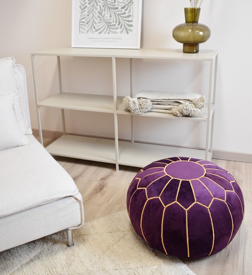 moroccanitems-60.jpg Velvet Pouffe – Blue and White | 55x35 cm Handcrafted Round Ottoman
