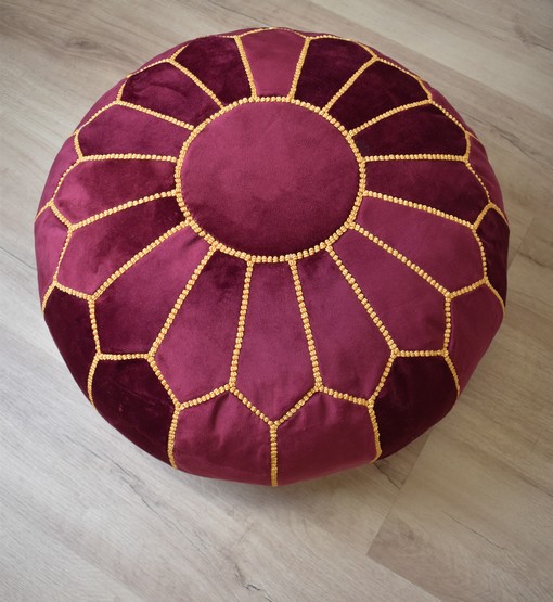 pink-yellow-poef-1.jpg Velvet Pouffe – Pink and Yellow | 55x35 cm Handcrafted Round Ottoman