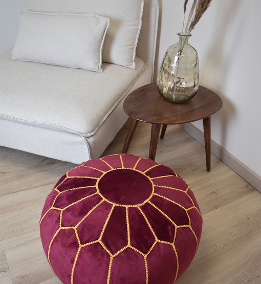 pink-yellow-poef-2.jpg Velvet Pouffe – Pink and Yellow | 55x35 cm Handcrafted Round Ottoman