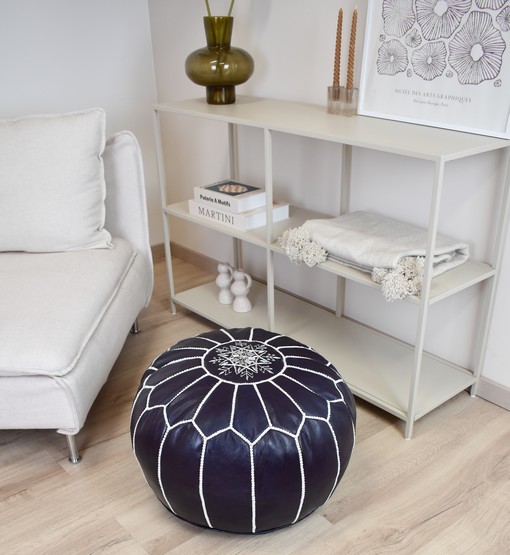 poufs-22.jpg Velvet Pouffe – Blue and White | 55x35 cm Handcrafted Round Ottoman