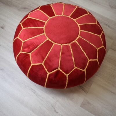 red-yellow-poef-1.jpg Velvet Pouffe – Red and Yellow | 50x35 cm Handcrafted Round Ottoman