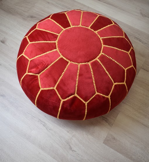 red-yellow-poef-1.jpg Velvet Pouffe – Red and Yellow | 50x35 cm Handcrafted Round Ottoman