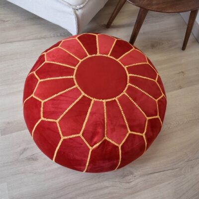 red-yellow-poef-2.jpg Velvet Pouffe – Red and Yellow | 50x35 cm Handcrafted Round Ottoman