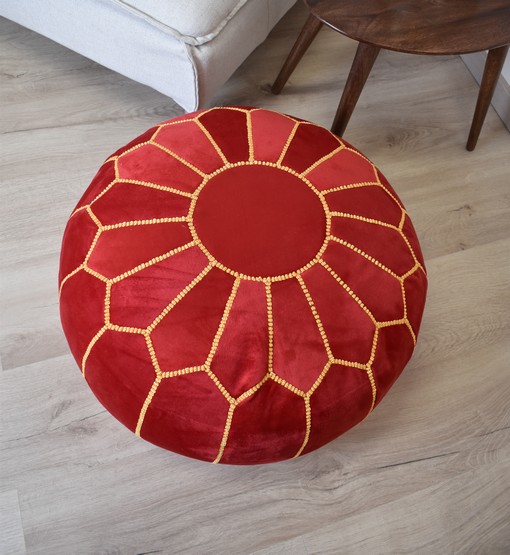 red-yellow-poef-2.jpg Velvet Pouffe – Red and Yellow | 50x35 cm Handcrafted Round Ottoman