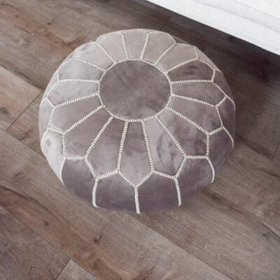 velvet-grey-and-white-pouf.jpg Velvet Pouffe – Grey and White | 55x35 cm Handcrafted Round Ottoman