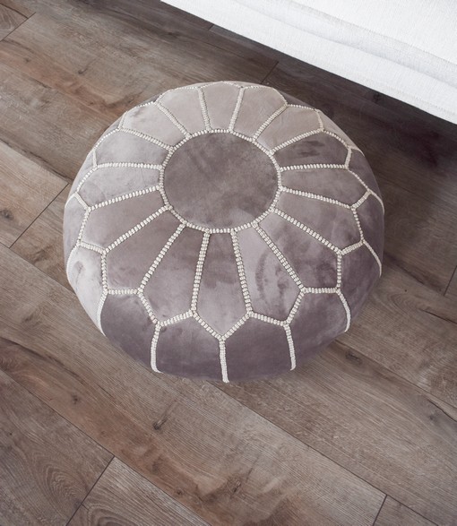 velvet-grey-and-white-pouf.jpg Velvet Pouffe – Grey and White | 55x35 cm Handcrafted Round Ottoman