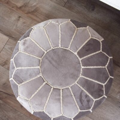 velvet-pouf-grey-and-white-close-up.jpg Velvet Pouffe – Grey and White | 55x35 cm Handcrafted Round Ottoman