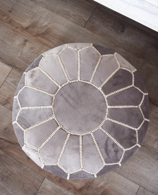 velvet-pouf-grey-and-white-close-up.jpg Velvet Pouffe – Grey and White | 55x35 cm Handcrafted Round Ottoman