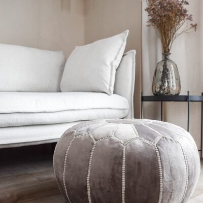velvet-pouf-grey-and-white-interior.jpg Velvet Pouffe – Grey and White | 55x35 cm Handcrafted Round Ottoman