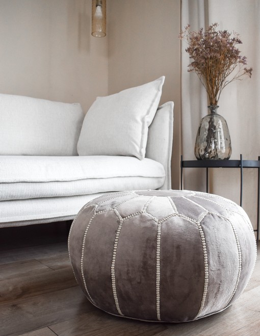 velvet-pouf-grey-and-white-interior.jpg Velvet Pouffe – Grey and White | 55x35 cm Handcrafted Round Ottoman