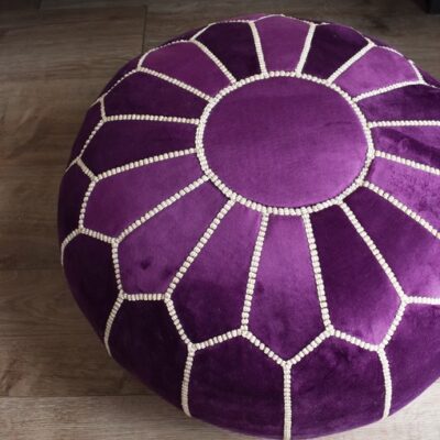 velvet-pouf-purple-and-white-close-up.jpg Velvet Pouffe – Blue and White | 55x35 cm Handcrafted Round Ottoman
