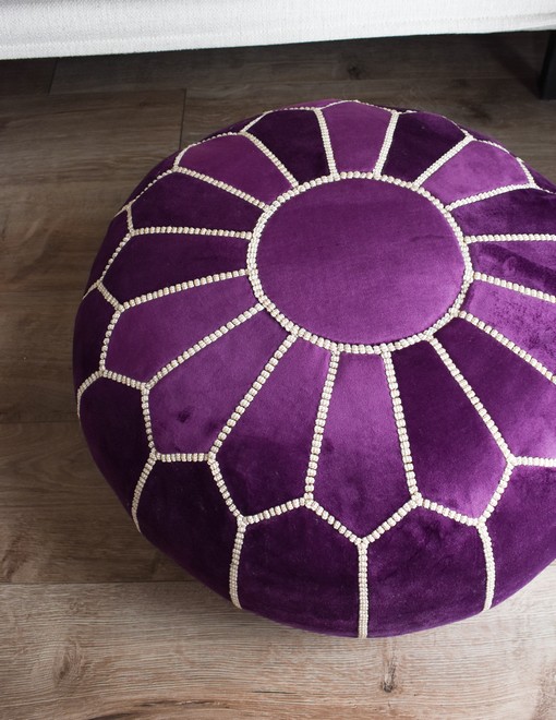 velvet-pouf-purple-and-white-close-up.jpg Velvet Pouffe – Blue and White | 55x35 cm Handcrafted Round Ottoman