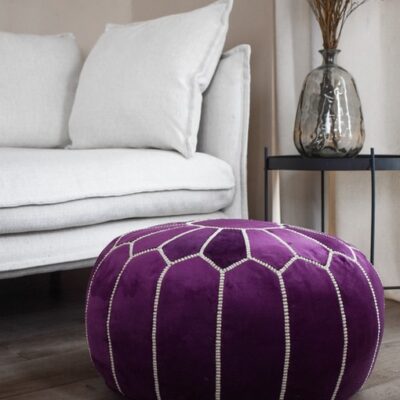 velvet-pouf-purple-and-white-interior.jpg Velvet Pouffe – Blue and White | 55x35 cm Handcrafted Round Ottoman