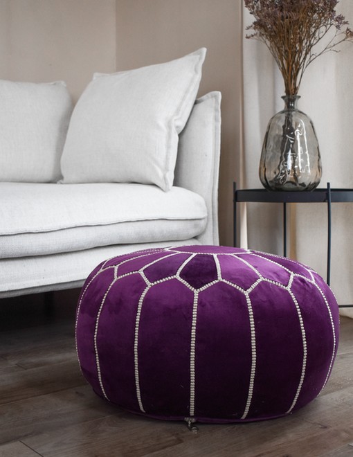 velvet-pouf-purple-and-white-interior.jpg Velvet Pouffe – Blue and White | 55x35 cm Handcrafted Round Ottoman